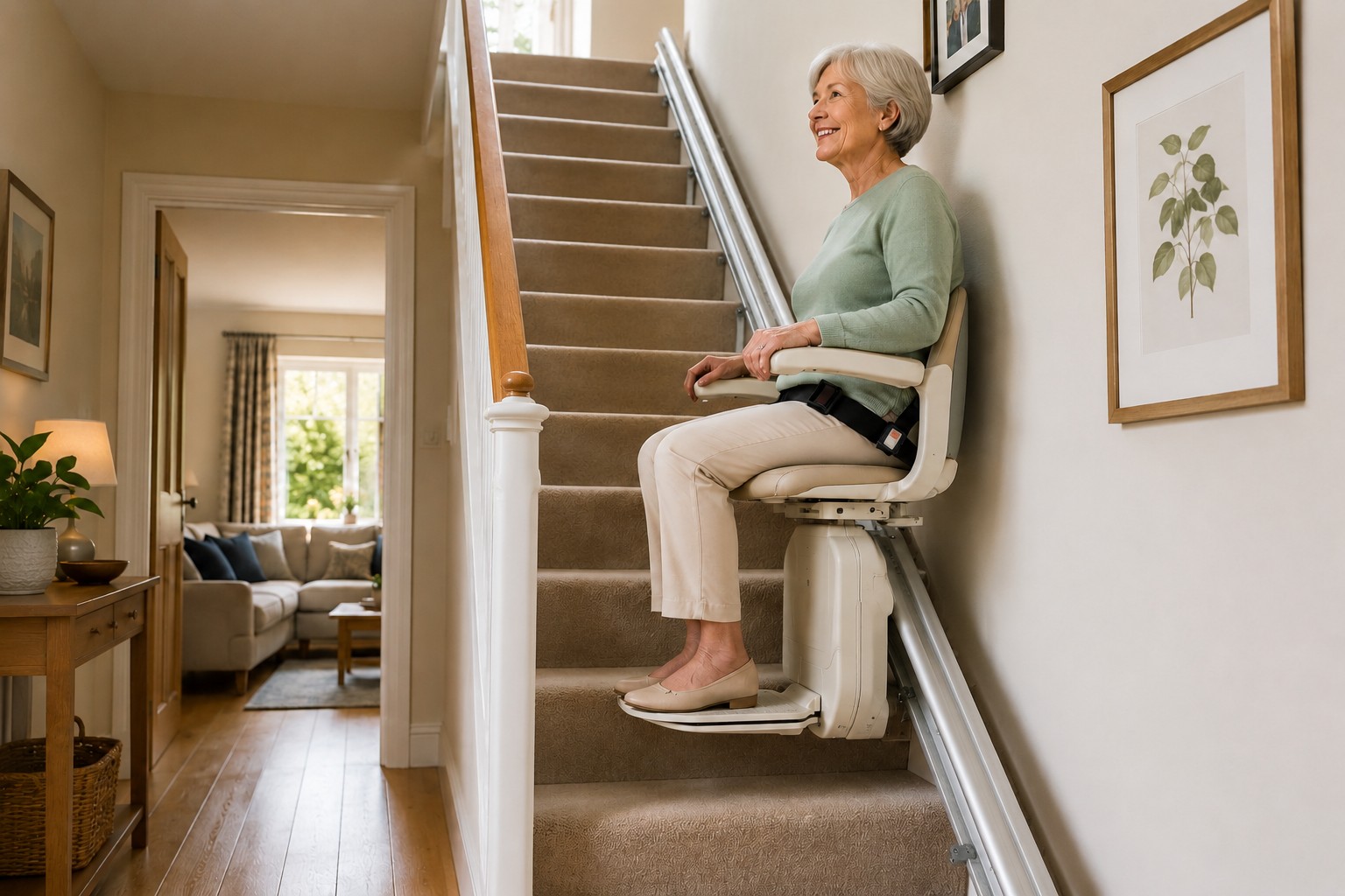 A smiling woman using a stairlift at home